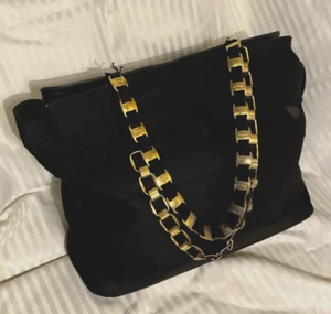 Auth Salvatore Ferragamo Shoulder Bag Fabric Black Layered Tote - Picture 1 of 12