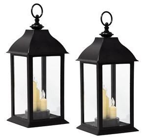 Decorative Three Candle Black Lanterns Lighted LED - Set of 2 - #9621-2 - Picture 1 of 5