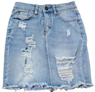 Mini-saia jeans feminina Rue21 desgastada tamanho pequeno lavagem média - Imagem 1 de 4