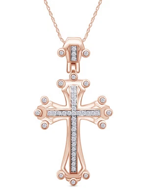 Collar de oro rosa de 10 quilates con colgante de cruz de Jesús de diamantes redondos naturales de 1/5 quilates para hombre Foto 1 de 4