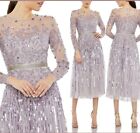 Mac Duggal Long Sleeve Tea Length Dress 10 Sequins Vintage Lilac Formal A Line