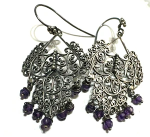 Sterling Silver Earrings Purple Chandelier Ornate Scroll Dangle Festival Boho - Picture 1 of 4