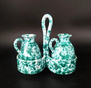 Set Oliera E Acetiera Con Supporto In Terracotta Dipinta A Mano Lotti Toscana - Foto 1 di 5