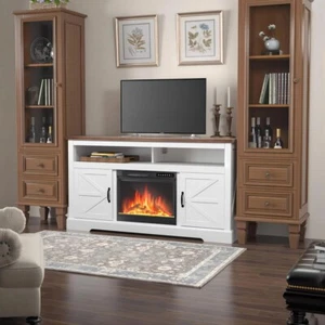 Fireplace TV Stand,White Electric Fireplace & Wooden Storages Cabinets 60" - Picture 1 of 13