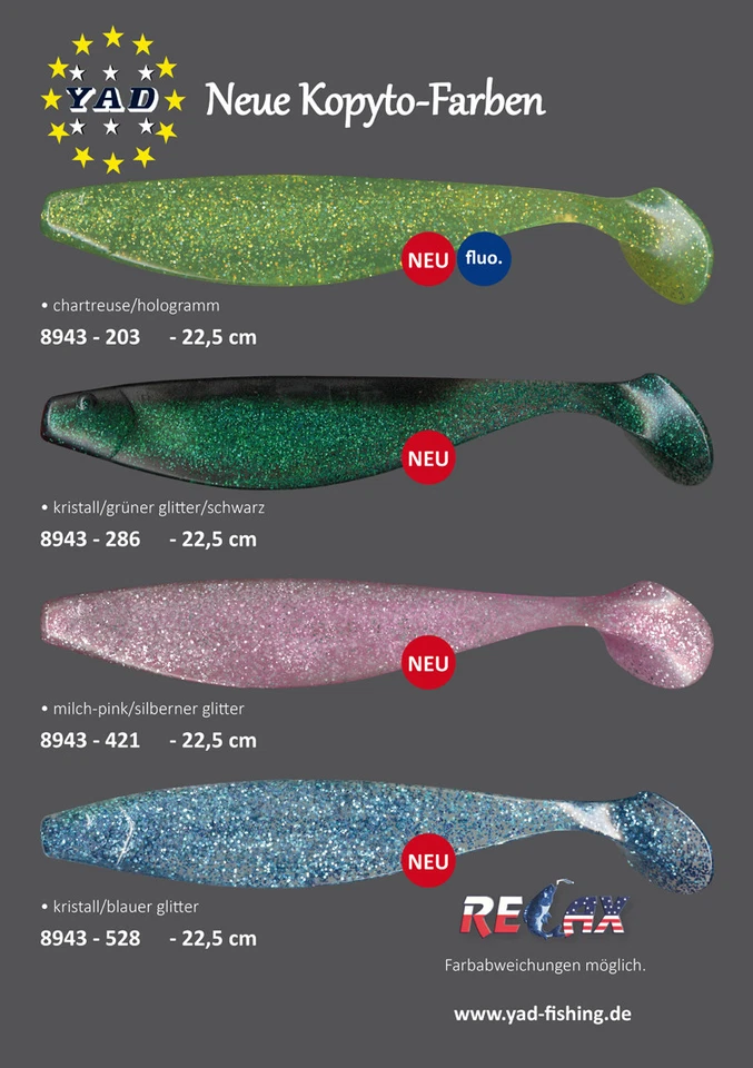 KOPYTO Gummifisch 22,5 cm XXL Shad Dorsch Heilbutt in 24 Farbvariationen RELAX - Bild 1 von 1