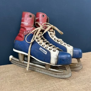 RARE VINTAGE RETRO BAUER NHL ICE HOCKEY SKATES RED & BLUE MADE IN CANADA 1960s - Picture 1 of 23