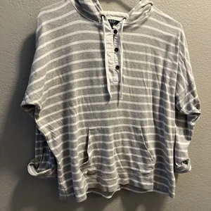 Lauren Ralph Lauren Womens Large Henley Style Shirt W/hood Gray White Striped - Picture 1 of 7