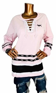 PINK Vicotria’s Secret L Top Stretch Sweatshirt Long Slv Logo Pullover Lace Up V - Picture 1 of 12