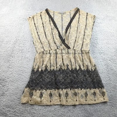 Colección NY Top Mujer M Beige Negro Rayas Encaje Popover Elastizado Boho Capa Y2K Foto 1 de 4