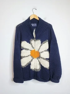 Vintage Otavalo Native American Made Ecuador 100% Wool Zip Cardigan Daisy L/XL - Picture 1 of 4