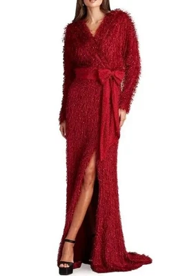 Maxi Vestido Largo Tadashi Shoji L Grande Beya Pestañas Hilo Flecos Cuentas Cinturón Foto 1 de 4