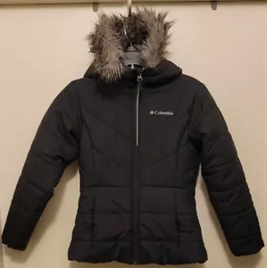 Columbia Childrens Coat 7/8 (Small) Black, with hood and Faux Fur Brim - Picture 1 of 12