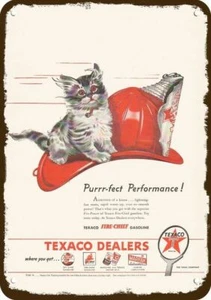 1946 TEXACO GAS Kätzchen Feuerwehrmann Helm Vintage-Look DEKO REPLIK BLECHSCHILD - Bild 1 von 1