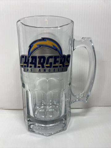 Los ANGELES CHARGERS Tall Glass BEER Stein MUG Metal Emblem RARE Cover