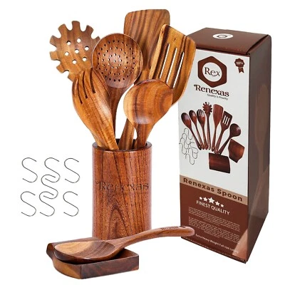 RENEXAS 9 Pcs Teak Wooden Spoons for Cooking Kitchen Utensils Set Spatulas Rest &Holder