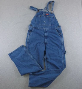 Dickies Bib Overalls 34x34 Blue Denim Carpenter Workwear Bib Pants All Cotton - Picture 1 of 13