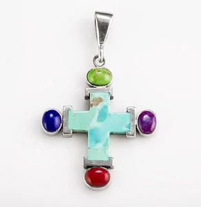 CRUZ TURQUESA DE PLATA ESTERLINA 925 CON CABUJONES DE COLORES MIXTOS - Imagen 1 de 4