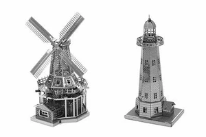 SET of 2 Fascinations Metal Earth Lighthouse & Windmill 3D Steel DIY Model Kits - Picture 1 of 7