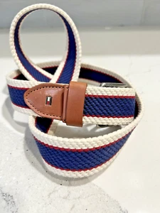 Tommy Hilfiger Belt Men's Size 38 Red White Blue Woven Stripe Leather Trim EUC - Picture 1 of 6