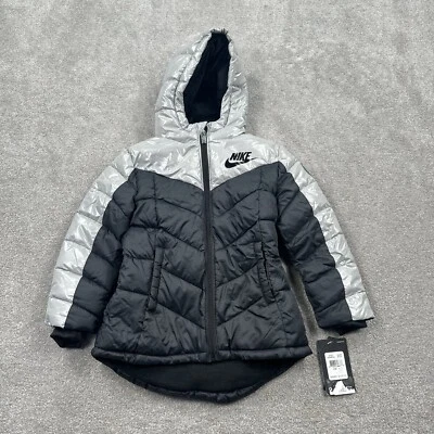 耐克 Youth Girls Puffer 夹克 Sze 4 灰色黑色连帽拉链绝缘反光 — 第 1/4 张图片