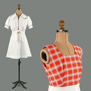 Vintage 70s White + Red Sleeveless Windowpane Plaid Mod Dress Crop Shirt Set S M