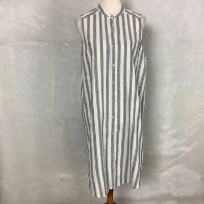Eileen Fisher Ivory & Black Cotton Linen Stripe Sleeveless Shirt Dress - Image 1 of 4