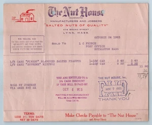 BILLHEAD The Nut House Lynn Massachusetts 24/10 1923 Los mejores cacahuetes salados - Imagen 1 de 2
