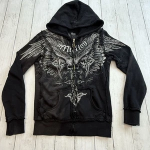 Vintage Affliction schwarzer Hoodie Grunge Flügel Totenköpfe Militär Y2K passt wie Frauen SM - Bild 1 von 6