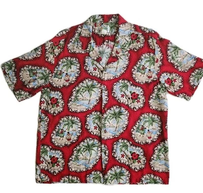 Camisa de tela de corteza hawaiana vintage escena de playa roja 2XL hecha en Hawai Winnie Fashi Foto 1 de 4