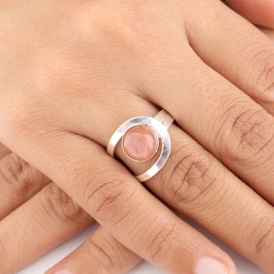 Anel feito à mão com pedra preciosa de prata esterlina 925 pedra preciosa boho natural pêssego - Imagem 1 de 4
