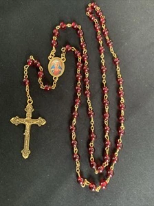 Vintage Rosary Dainty Red Glass Beads 20” Virgin Mary Center Gold Tone 5 Decade - Picture 1 of 9