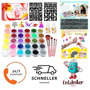 Glitzer Tattoo Set für Mädchen mit 31 Glitzerfarben, 165 Schablonen und Pinsel - Bild 1 von 1