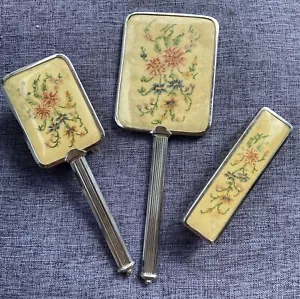 Vintage 3 Piece Dressing / Vanity Table Set Hand Mirror & 2 Brushes Embroidered - Picture 1 of 13