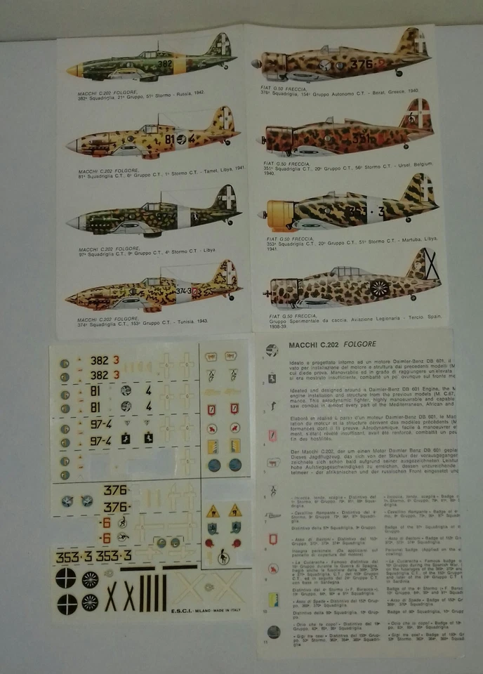 ITALIAN AIR FORCE FIAT G 50 E MACCHI 202  DECAL 1/72 ESCI PARZIALE REGIA AEREON. - Immagine 1 di 1