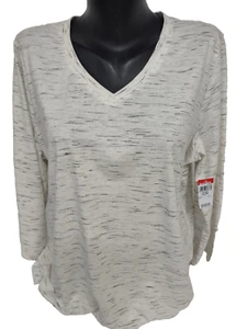 Basic Editions Women's XL Marble White V-Neck 3/4 Sleeve Shirt NWT Rounded Hem - Picture 1 of 13