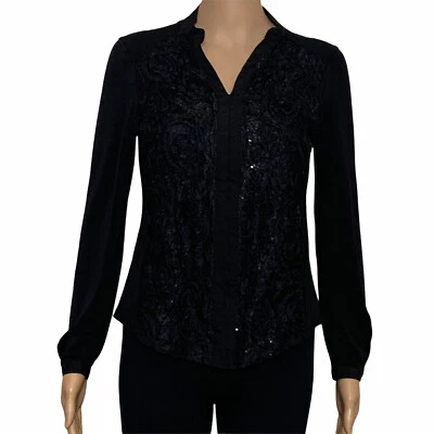 My Colection top Woman’s petite PS Long Sleeve  Embroidered  With sequin black - Imagem 1 de 4