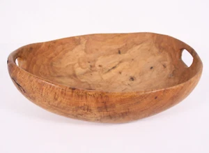 B. Hill Signed Hand Hewn Carved Oval 16.5x13 Artist Primitive Handled Wood Bowl - Picture 1 of 13