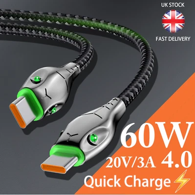 Type C to Type-C Cable PD 60W Fast Charger Braided USB Lead LED For Samsung 1-3M - Image 1 of 4