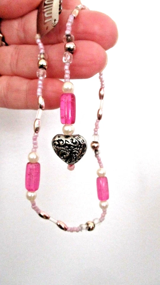 NOS 11.5" Faux Pearl PINK Plastic BEADS Dandle Silver Tone HEART Metal HAIR CLIP - Image 1 of 4