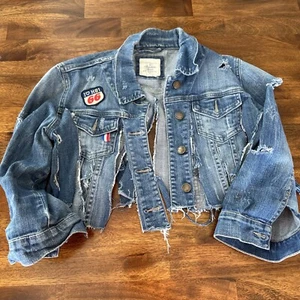 I Love H81 Destroyed Jean Jacket. Flared -Cut Up - Patches Medium Biker Jacket - Picture 1 of 10