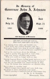 Postal de Minnesota de 1909 "En memoria del gobernador John A. Jonson" murió en el cargo - Imagen 1 de 2