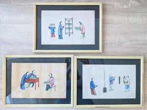 Set of 3 Circa 1906 Chinese Gouache on Rice Paper (Silk?) Small Oriental Art - Picture 1 of 11