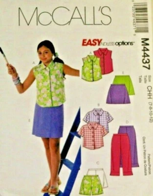 McCall's 4437 Girls Tops Shorts Capri Pants & Skort Sewing Pattern 7-8-10-12  - Image 1 of 2