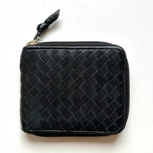 BOTTEGA VENETA Authentic Leather Bifold wallet round zipper intrecciato black - Picture 1 of 10