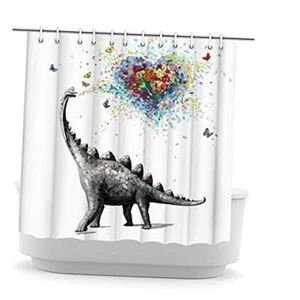 Funny Dinosaur Shower Curtain for Kids Bathroom Decor Dino and Love Heart - Picture 1 of 8