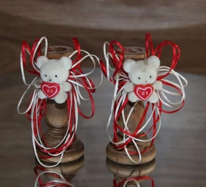 candle holders wooden LOT 2 white bears red heart with #1 ribbon 1980 or 90's - Picture 1 of 10