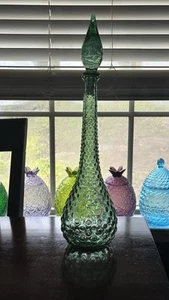 20” Empoli Italy Green Hobnail Genie Bottle w Sticker MCM VTG EXCELLENT - Picture 1 of 6