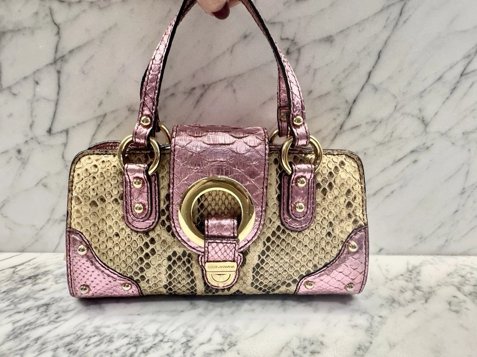 Dolce & Gabbana Python / Snake Leather Cream Handbag, Metallic Pink Accents - image 1 of 4