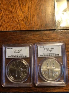 (2) 1984 D $1 Olympic Silver Dollars Los Angeles PCGS MS69 - Picture 1 of 2