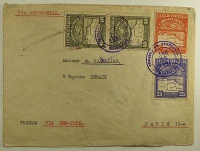 Cubierta de correo aéreo Venezuela 1931 Caracas a París Francia Foto 1 de 2